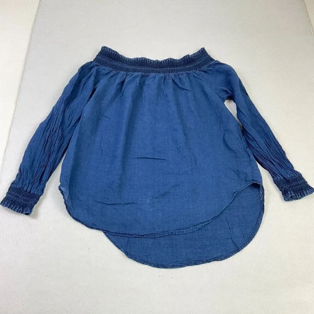 Michael Kors Womens Cotton Off The Shoulder Top Blue Smocked Long Sleeve Medium